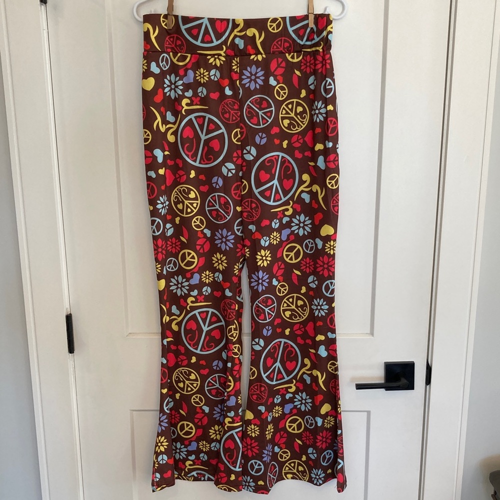 Women’s Peace Symbol BoHo Hippie Pants , Large Flared Bell Bottoms 32 -34 Waist